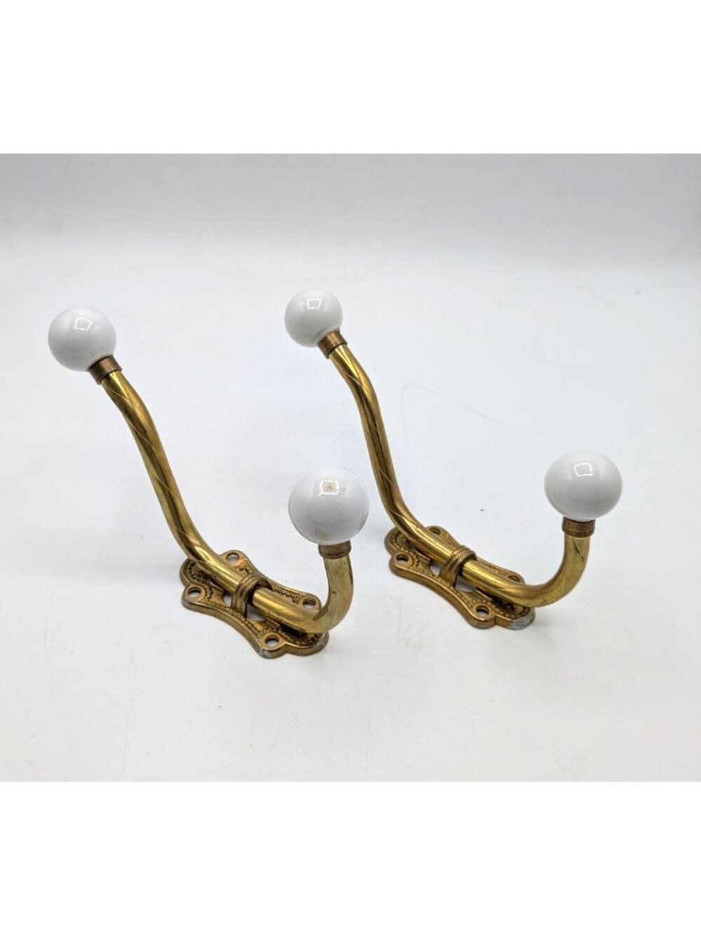 Vintage Brass and Porcelain Hat Coat Double Hook Set of 2 Taiwan Victorian 6"